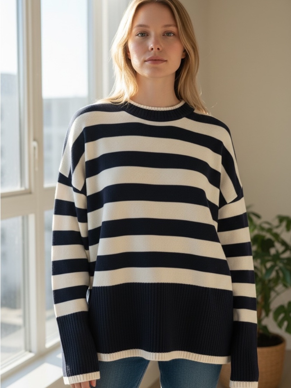 LOFT Navy and Cream Striped Crewneck Sweater
